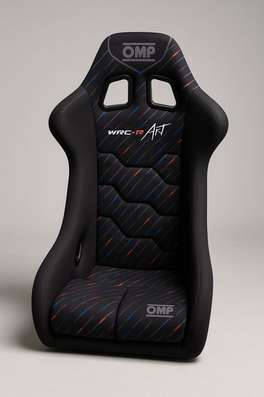 OMP WRC-R Art Racing Seat full front view with colorful M-Rain inspired upholstery pattern